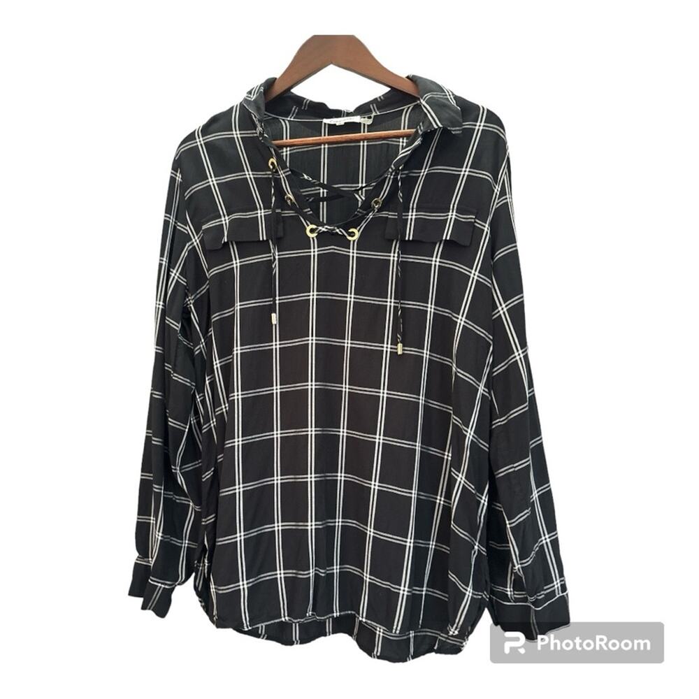 Calvin Klein Women’s Top Blouse Check Plaid Long Sleeve Black White Medium